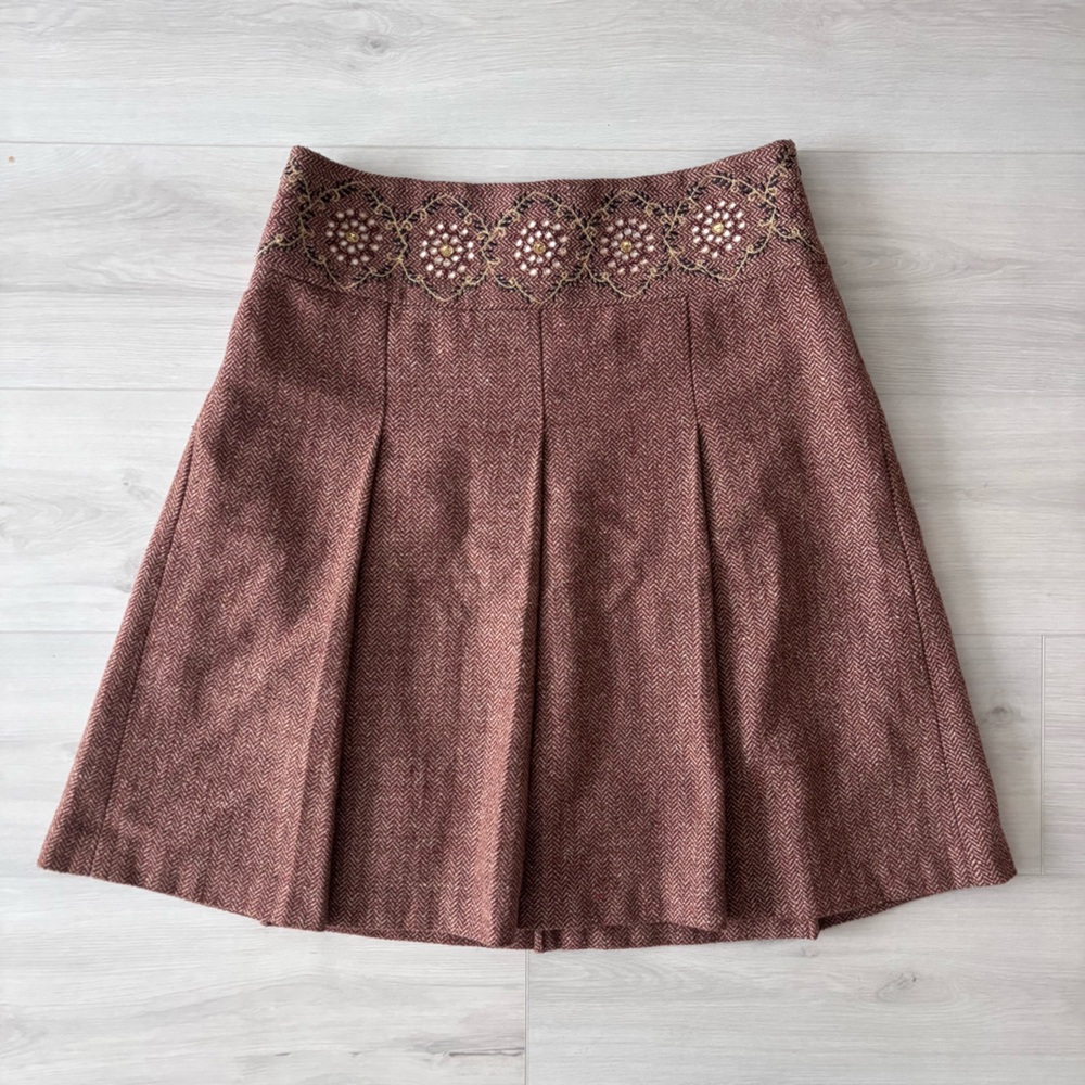 LOFT Brown A-Line Skirt with Embroidery